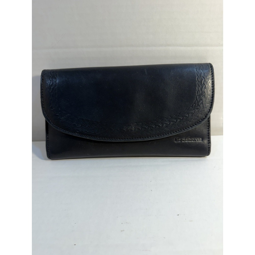 Vintage Liz Claiborne‎ Black Leather Clutch Wallet Embossed Braiding Flap